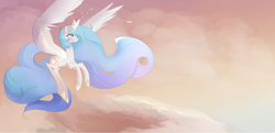 Size: 4009x1936 | Tagged: dead source, safe, artist:8bitamy, imported from derpibooru, princess celestia, alicorn, cloud, flying, sky, solo, wings