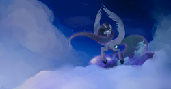 Size: 3726x1936 | Tagged: dead source, safe, artist:8bitamy, imported from derpibooru, princess luna, alicorn, cloud, ethereal mane, flying, night, shooting star, solo, starry mane, stars, wings