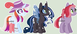 Size: 4789x2137 | Tagged: safe, artist:stormcloud-yt, imported from derpibooru, oc, oc only, changeling, changeling queen, earth pony, pony, unicorn, base used, blue changeling, changeling queen oc, earth pony oc, female, hat, horn, mare, simple background, sun hat, unicorn oc