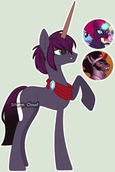 Size: 2662x3992 | Tagged: safe, artist:stormcloud-yt, imported from derpibooru, king sombra, tempest shadow, oc, pony, unicorn, base used, female, glow, glowing horn, horn, male, mare, offspring, parent:king sombra, parent:tempest shadow, parents:sombrest, screencap reference, simple background, stallion, unicorn oc