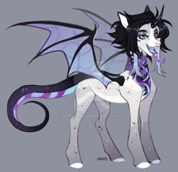 Size: 1024x987 | Tagged: safe, artist:miioko, imported from derpibooru, oc, oc only, alicorn, bat pony, bat pony alicorn, pony, bat pony oc, bat wings, deviantart watermark, female, gray background, horn, makeup, mare, obtrusive watermark, simple background, solo, tongue out, watermark, wings