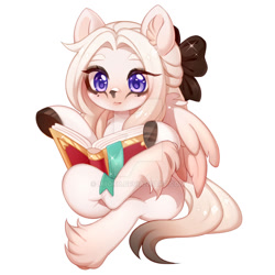 Size: 1024x1024 | Tagged: safe, artist:miioko, imported from derpibooru, oc, oc only, pegasus, pony, bow, commission, deviantart watermark, female, hair bow, hoof fluff, hoof polish, mare, obtrusive watermark, pegasus oc, reading, simple background, sitting, solo, watermark, white background, wings, ych result