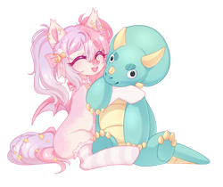 Size: 1024x859 | Tagged: safe, artist:miioko, imported from derpibooru, oc, oc only, bat pony, dinosaur, pony, bat pony oc, bat wings, bow, clothes, deviantart watermark, eyelashes, female, hair bow, hug, mare, obtrusive watermark, plushie, socks, solo, striped socks, watermark, wings