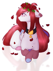 Size: 1500x2000 | Tagged: safe, artist:purplegrim40, imported from derpibooru, oc, oc only, pegasus, pony, collar, floral head wreath, flower, looking at something, lying down, pegasus oc, petals, prone, rose, simple background, solo, transparent background, wings