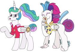 Size: 2969x2056 | Tagged: safe, artist:supahdonarudo, imported from derpibooru, princess celestia, queen novo, alicorn, classical hippogriff, hippogriff, my little pony: the movie, alternate hairstyle, alternate tailstyle, clothes, eyes closed, hawaiian shirt, laughing, ponytail, raised hoof, shirt, simple background, tail, transparent background