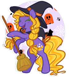 Size: 1822x1997 | Tagged: safe, artist:howdyhorsey, imported from derpibooru, abra-ca-dabra, earth pony, ghost, pony, undead, braid, broom, candy, candy corn, cloak, clothes, costume, eyes closed, food, g3, halloween, halloween costume, happy, hat, holding, holiday, purple coat, rearing, simple background, solo, spider web, transparent background, twin braids, witch, witch hat, yellow mane