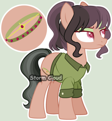 Size: 2236x2422 | Tagged: safe, artist:stormcloud-yt, imported from derpibooru, oc, oc only, unnamed oc, earth pony, pony, base used, clothes, earth pony oc, eyelashes, offspring, parent:daring do, parent:doctor caballeron, parents:daballeron, simple background, solo, unamused, watermark