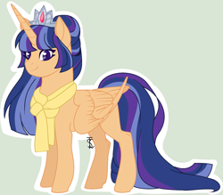 Size: 1712x1502 | Tagged: safe, artist:stormcloud-yt, imported from derpibooru, oc, oc only, alicorn, pony, base used, clothes, eyelashes, female, jewelry, mare, offspring, parent:flash sentry, parent:twilight sparkle, parents:flashlight, scarf, signature, simple background, solo, tiara