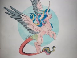 Size: 4032x3024 | Tagged: safe, artist:stormcloud-yt, imported from derpibooru, oc, draconequus, pony, draconequus oc, rearing, smiling, traditional art