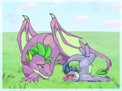 Size: 1024x768 | Tagged: safe, artist:stormcloud-yt, imported from derpibooru, spike, oc, oc:ash, dragon, pony, dragoness, duo, faceplant, father and child, father and daughter, female, male, offspring, older, older spike, outdoors, parent:princess ember, parent:spike, parents:emberspike, red face, winged spike, wings