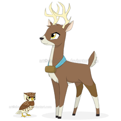 Size: 900x900 | Tagged: safe, artist:shadobabe, imported from derpibooru, oc, oc only, oc:trailblazer, bird, deer, owl, antlers, deer oc, duo, male, simple background, smiling, white background