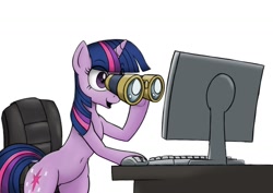 Size: 1200x850 | Tagged: safe, artist:anearbyanimal, artist:jessijinx, artist:jessijinxed, artist:jinxjessi, edit, twilight sparkle, pony, unicorn, belly button, binoculars, bipedal, bipedal leaning, chair, computer, computer monitor, computer mouse, eyes on the prize, female, hoof hold, keyboard, leaning, mare, meme, monitor, open mouth, open smile, ponified meme, reaction image, simple background, smiling, solo, unicorn twilight, white background
