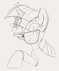 Size: 543x659 | Tagged: safe, artist:dotkwa, imported from derpibooru, twilight sparkle, pony, unicorn, bust, female, glasses, grayscale, knife, looking at you, mare, monochrome, mouth hold, open mouth, sketch, solo, unicorn twilight