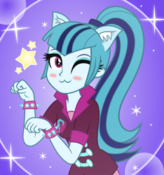 Size: 1599x1707 | Tagged: safe, artist:kingdark0001, imported from derpibooru, sonata dusk, human, equestria girls, ;3, blushing, cat ears, cute, looking at you, one eye closed, solo, sonatabetes, sonyata dusk, sparkles, stars, wink, winking at you