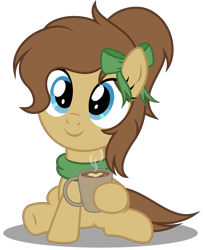 Size: 2930x3600 | Tagged: safe, artist:strategypony, imported from derpibooru, oc, oc only, oc:mocha latte, earth pony, pony, brown mane, clothes, coffee, coffee mug, cute, earth pony oc, female, filly, foal, mug, ribbon, scarf, simple background, transparent background