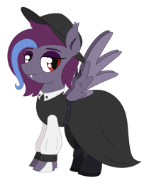 Size: 1213x1494 | Tagged: safe, artist:dyonys, imported from derpibooru, oc, oc only, oc:drac, pegasus, pony, undead, vampire, clothes, dress, eyeshadow, fangs, female, hat, makeup, mare, simple background, solo, spread wings, transparent background, wings