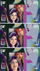 Size: 1255x2246 | Tagged: safe, artist:maddymoiselle, artist:sarahndipity cosplay, edit, edited screencap, imported from derpibooru, screencap, rainbow dash, starlight glimmer, sunset shimmer, human, pegasus, pony, do it for the ponygram!, clothes, cosplay, costume, faic, irl, irl human, photo, rainbow dash's prank fail