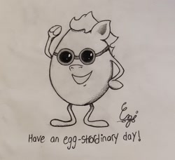 Size: 1809x1649 | Tagged: safe, artist:engi, imported from derpibooru, oc, oc only, black and white, egg, goggles, grayscale, little fella, monochrome, ponified, pun, simple background, solo, sunglasses, traditional art