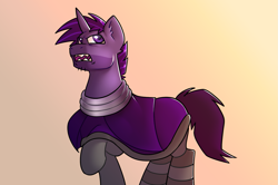 Size: 1551x1027 | Tagged: safe, artist:beefgummies, imported from derpibooru, oc, oc only, oc:phantom eclipse, pony, unicorn, armor, beard, cape, clothes, facial hair, five o'clock shadow, gradient background, looking sideways, male, neck rings, orange background, purple eyes, purple mane, raised hoof, sharp teeth, simple background, stallion, teeth