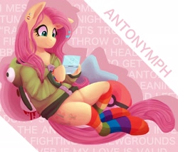 Size: 2048x1750 | Tagged: safe, artist:pencilmistic, imported from derpibooru, fluttershy, pegasus, pony, antonymph, clothes, ear piercing, fluttgirshy, gir, hoodie, implied lesbian, implied transgender, lesbian pride flag, nintendo ds, obscured text, piercing, pride, pride flag, rainbow socks, socks, solo, striped socks, transgender pride flag, vylet pony