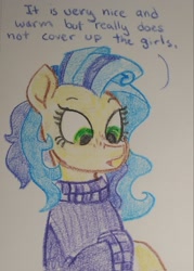 Size: 1465x2048 | Tagged: safe, artist:pony quarantine, imported from derpibooru, oc, oc only, oc:milky way, earth pony, pony, clothes, crayon drawing, dialogue, female, freckles, implied crotchboobs, mare, solo, sweater, traditional art