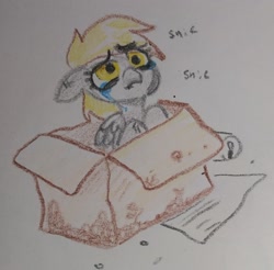 Size: 1968x1937 | Tagged: safe, artist:pony quarantine, imported from derpibooru, derpy hooves, pegasus, pony, box, bronybait, cardboard box, crayon drawing, crying, looking up, sad, solo, traditional art