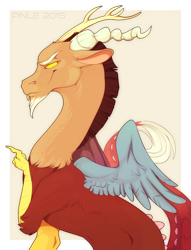 Size: 1500x1959 | Tagged: safe, artist:pinle, imported from derpibooru, discord, draconequus, 2015, antlers, male, profile, signature, simple background, smiling, smirk, solo