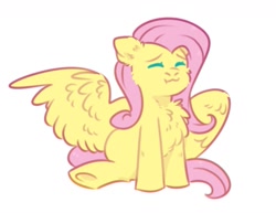 Size: 1333x1028 | Tagged: safe, artist:kiiitssss, imported from derpibooru, fluttershy, pegasus, pony, :3, chest fluff, cute, eyes closed, fluffy, solo, spread wings, underhoof, wings