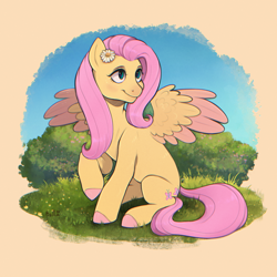 Size: 3100x3100 | Tagged: safe, artist:birdoffnorth, imported from derpibooru, fluttershy, pegasus, pony, chromatic aberration, colored hooves, colored wings, colored wingtips, cute, female, flower, flower in hair, forest, grass, hair, mare, pink hair, pink tail, raised hoof, shyabetes, sitting, smiling, solo, spread wings, tail, wings