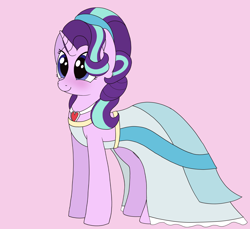 Size: 1302x1193 | Tagged: safe, artist:noosa, imported from derpibooru, starlight glimmer, pony, unicorn, alternate hairstyle, blushing, clothes, cute, dress, female, glimmerbetes, headband, horn, jewelry, mare, necklace, pink background, simple background, smiling, solo