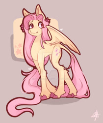 Size: 1024x1220 | Tagged: safe, artist:sir-mochi, imported from derpibooru, fluttershy, pegasus, pony, deviantart watermark, eye clipping through hair, female, flower, flower in hair, freckles, freckleshy, hock fluff, long mane, mare, obtrusive watermark, solo, unshorn fetlocks, watermark