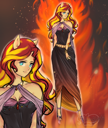 Size: 3464x4100 | Tagged: safe, artist:tatsuk0, imported from derpibooru, sunset shimmer, human, equestria girls, anime style, bare shoulders, clothes, dress, eared humanization, female, fiery shimmer, fire, high res, humanized, pony ears, solo