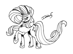 Size: 4468x3321 | Tagged: safe, artist:memprices, imported from derpibooru, nightmare rarity, pony, unicorn, black and white, doodle, drawing, evil grin, female, grayscale, grin, high res, horn, looking at you, mare, monochrome, raised hoof, signature, simple background, sketch, smiling, traditional art, white background