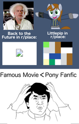 Size: 1738x2710 | Tagged: safe, artist:fhoenox, imported from derpibooru, oc, oc:littlepip, fallout equestria, april fools, back to the future, christopher lloyd, confused, doc brown, jackie chan, meme, pixel art, r/place, reddit