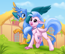 Size: 3000x2500 | Tagged: safe, alternate version, artist:kittytitikitty, imported from derpibooru, gallus, silverstream, griffon, hippogriff, 2022, cute, diastreamies, digital art, equestria, female, g4, gallabetes, gallstream, grass, jewelry, looking at each other, looking at someone, male, necklace, ponyville, shipping, spread wings, straight, talons, walking, wings
