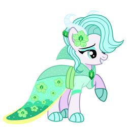 Size: 1000x1000 | Tagged: safe, artist:thenightowl69, imported from derpibooru, oc, oc only, oc:emerald turquoise, dracony, hybrid, base used, clothes, dress, eyeshadow, female, flower, full body, grin, hair over one eye, interspecies offspring, lidded eyes, makeup, offspring, parent:rarity, parent:spike, parents:sparity, raised hoof, simple background, smiling, solo, standing, white background
