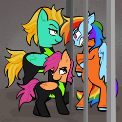 Size: 2000x2000 | Tagged: safe, artist:carconutty, imported from derpibooru, lightning dust, rainbow dash, scootaloo, pegasus, pony, alternate universe, angry, clothes, gloating, mocking, prison outfit, prisoner, prisoner rd, smiling, smirk, taunting, uniform, washouts uniform