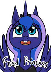 Size: 1000x1414 | Tagged: safe, alternate version, artist:happy harvey, imported from derpibooru, princess luna, alicorn, pony, blushing, crown, cute, ear fluff, feed me, female, fixed, jewelry, looking at you, looking up, mare, open mouth, phone drawing, regalia, simple background, smiling, spread wings, text, transparent background, wings