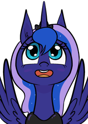 Size: 1000x1414 | Tagged: safe, artist:happy harvey, imported from derpibooru, princess luna, alicorn, pony, blushing, crown, cute, ear fluff, female, fixed, jewelry, looking at you, looking up, mare, open mouth, phone drawing, regalia, simple background, smiling, spread wings, transparent background, wings