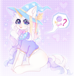 Size: 2000x2040 | Tagged: safe, artist:saltyvity, imported from derpibooru, withers, oc, pony, unicorn, blue eyes, blushing, bow, candy, clothes, commission, cute, food, gold horn, hat, henchmen, licking, licking lips, lollipop, purple background, simple background, solo, sparkles, tongue out, white body, white hair, witch hat