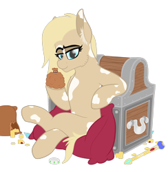 Size: 3906x3996 | Tagged: safe, artist:justapone, imported from derpibooru, oc, oc only, oc:dahlia, earth pony, pony, cheek fluff, chest, colored lineart, ear fluff, earth pony oc, female, gold, gold coins, high res, jewelry, lineart, looking at you, mare, pillow, pouch, scepter, simple background, sitting, smiling, smiling at you, solo, spots, transparent background, treasure chest