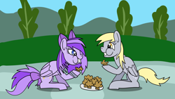 Size: 1920x1080 | Tagged: safe, artist:platinumdrop, imported from derpibooru, derpy hooves, oc, oc:picnic starlight, pegasus, eating, female, food, mare, muffin, puffy cheeks, request