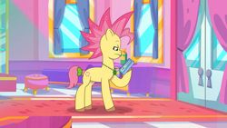 Size: 1600x900 | Tagged: safe, imported from derpibooru, screencap, earth pony, pony, spoiler:g5, spoiler:my little pony: tell your tale, spoiler:tyts01e05, alternate hairstyle, bow, cellphone, dissatisfied, female, g5, jewelry, mane melody, mare, my little pony: tell your tale, necklace, phone, posey bloom, salon, smartphone, solo, tail, tail bow, youtube link