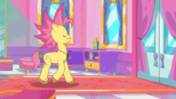 Size: 800x450 | Tagged: safe, imported from derpibooru, screencap, pipp petals, earth pony, pegasus, pony, spoiler:g5, spoiler:my little pony: tell your tale, spoiler:tyts01e05, :|, alternate hairstyle, animated, bow, cellphone, dissatisfied, female, g5, jewelry, mane melody, mare, meh, my little pony: tell your tale, necklace, phone, posey bloom, rating, smartphone, stars, tail, tail bow