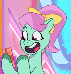 Size: 715x743 | Tagged: safe, imported from derpibooru, screencap, earth pony, pony, spoiler:g5, spoiler:my little pony: tell your tale, spoiler:tyts01e05, bow, cellphone, cropped, cute, female, g5, hair bow, hoof hold, mane melody, mare, minty skylark, my little pony: tell your tale, open mouth, open smile, phone, smartphone, smiling, solo