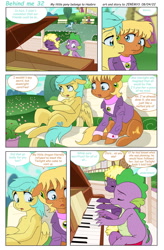 Size: 1535x2338 | Tagged: safe, artist:jeremy3, imported from derpibooru, ms. harshwhinny, spike, sunshower raindrops, oc, oc:valentine, dragon, earth pony, pegasus, pony, comic:behind me, alternate universe, bench, clothes, comic, house, musical instrument, piano, ponyville