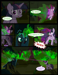 Size: 1042x1358 | Tagged: safe, artist:dendoctor, imported from derpibooru, mean twilight sparkle, queen chrysalis, twilight sparkle, alicorn, changeling, pony, comic:clone.., alternate universe, beam struggle, clone, comic, energy blast, female, fire, glowing, glowing horn, green fire, horn, magic, shield, tree, twilight sparkle (alicorn)