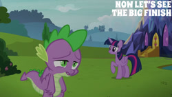 Size: 1280x720 | Tagged: safe, edit, edited screencap, editor:quoterific, imported from derpibooru, screencap, spike, twilight sparkle, alicorn, dragon, pony, father knows beast, season 8, spoiler:s08, duo, female, male, mare, open mouth, smiling, text, twilight sparkle (alicorn), twilight's castle, winged spike, wings