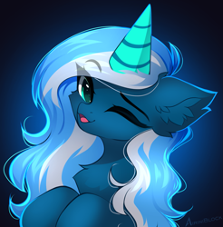 Size: 1755x1780 | Tagged: safe, artist:airiniblock, imported from derpibooru, oc, oc only, oc:vivid tone, pegasus, pony, bust, chest fluff, ear fluff, eye clipping through hair, eyebrows, eyebrows visible through hair, eyelashes, gift art, gradient background, icon, one eye closed, open mouth, pegasus oc, present, rcf community, signature, solo, wink