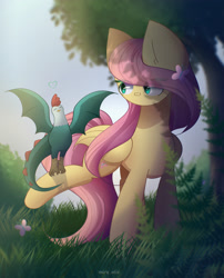 Size: 1900x2350 | Tagged: safe, artist:miryelis, imported from derpibooru, fluttershy, butterfly, cockatrice, pegasus, pony, stare master, cute, daaaaaaaaaaaw, female, full body, grass, long hair, mare, raised leg, shyabetes, smiling, solo, standing, tail, wings